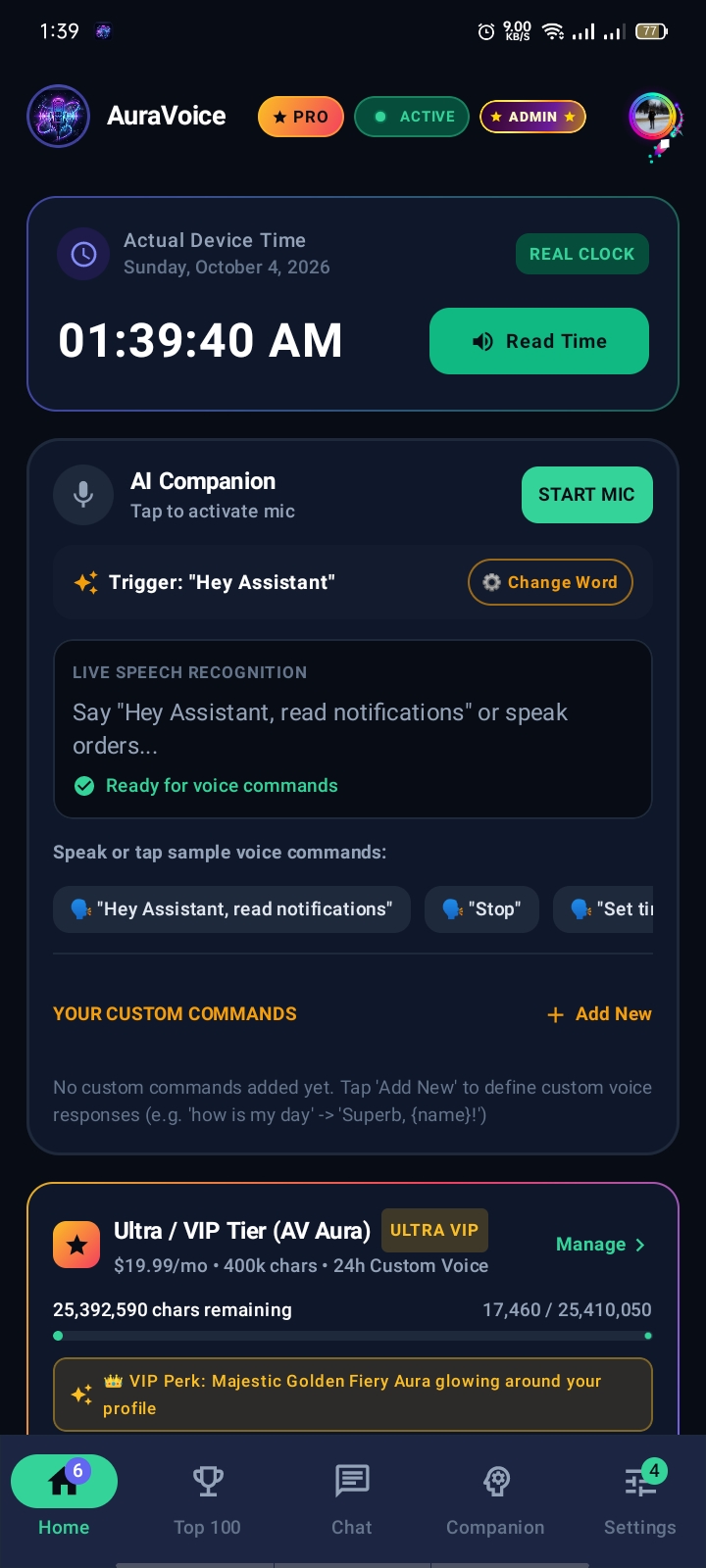 AuraVoice Home Dashboard: Real Clock, AI Companion Voice Recognition, Ultra VIP Tier Status