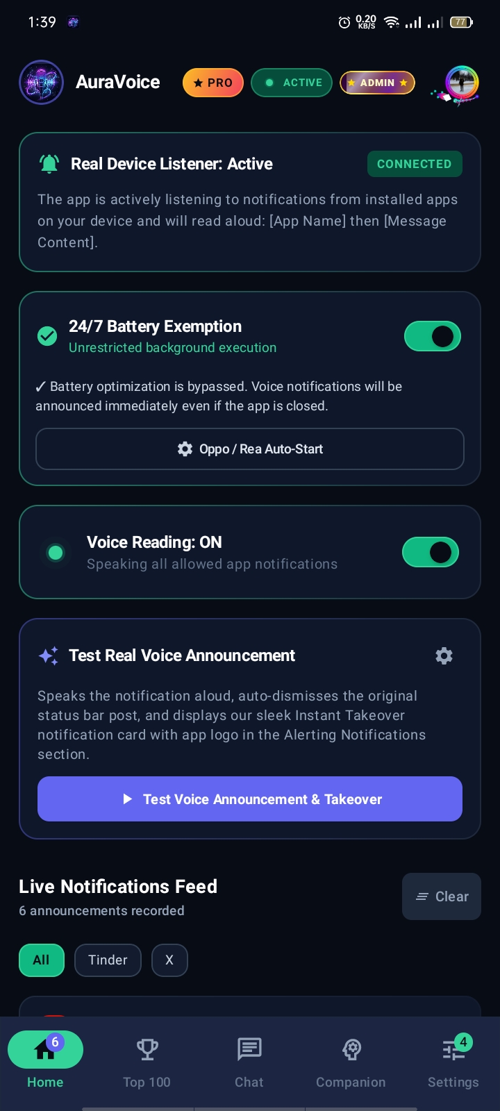 AuraVoice Real Device Listener: 24/7 Battery Exemption, Voice Reading, Live Notification Feed