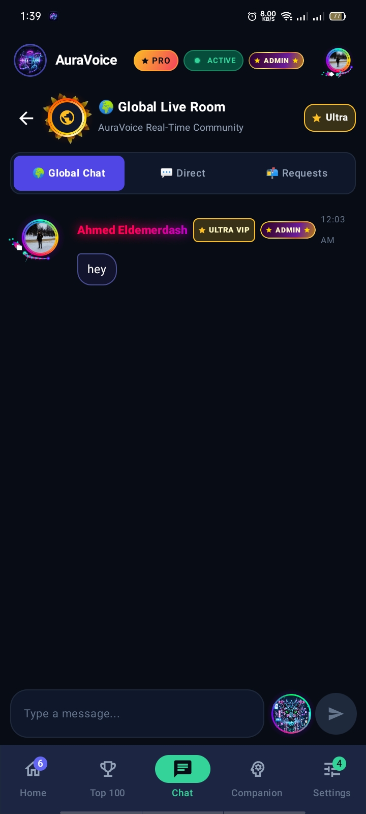 AuraVoice Global Live Room: Real-Time Community Chat, Direct Messages, VIP Interaction