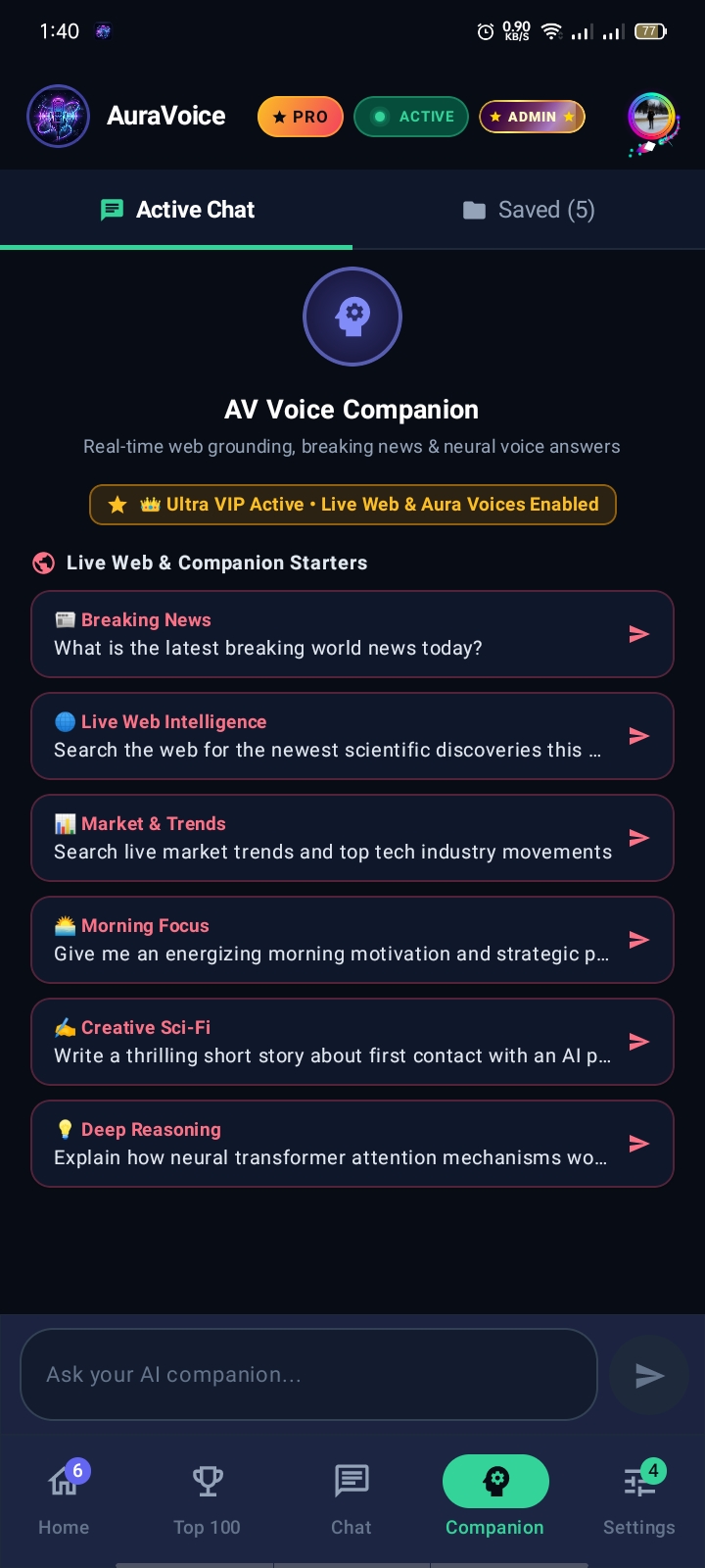 AuraVoice AV Companion: Real-Time Web Grounding, Breaking News & Neural Voice Starters