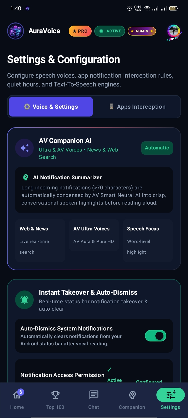 AuraVoice Settings & Configuration: AI Notification Summarizer, Web Search, Takeover Rules