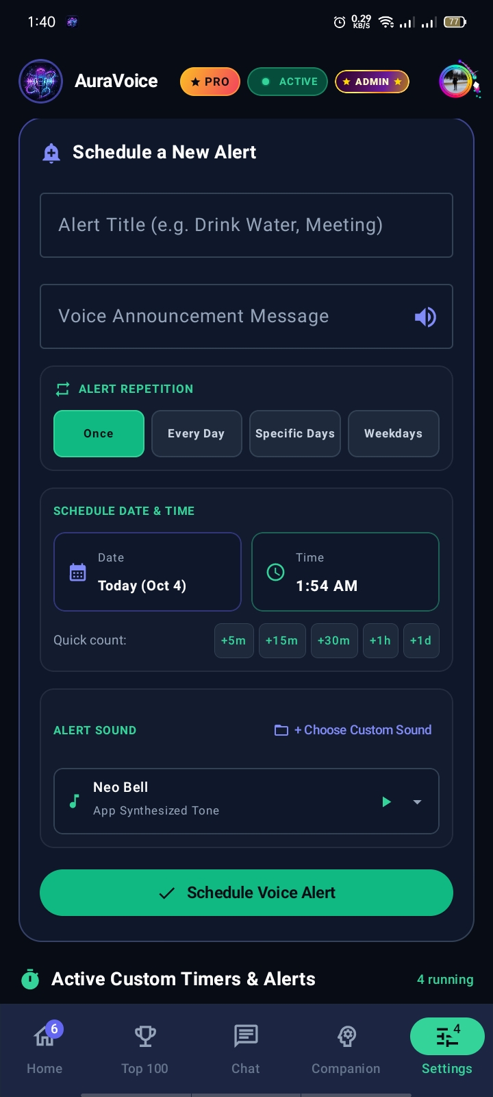 AuraVoice Schedule Custom Alert: Timed Voice Reminders, Repetition Rules & Neo Bell Synthesis