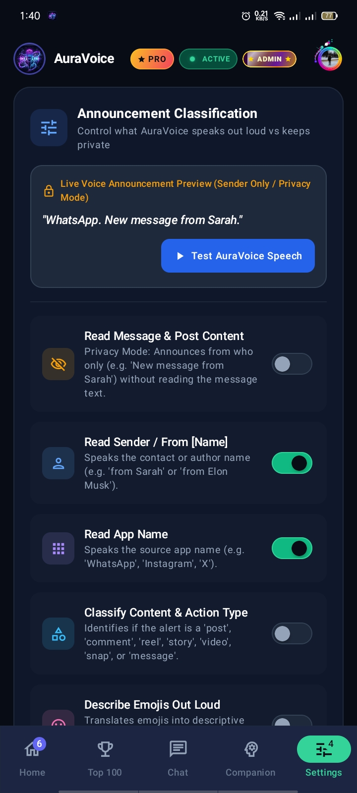AuraVoice Announcement Classification: Smart Privacy Filters, Sender Only, App Name Speech
