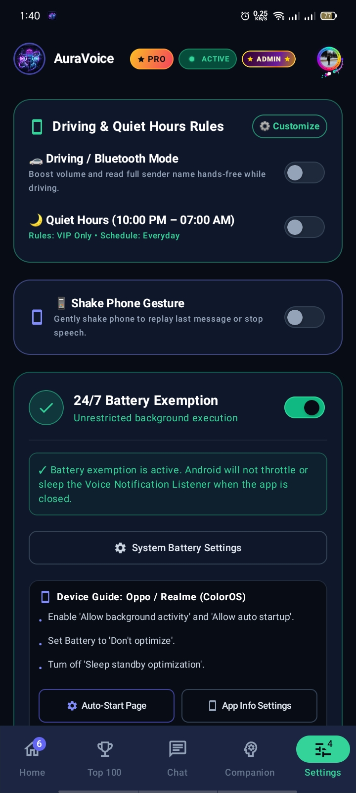 AuraVoice Driving & Quiet Hours: Bluetooth Mode, Shake Gesture, 24/7 Background Execution