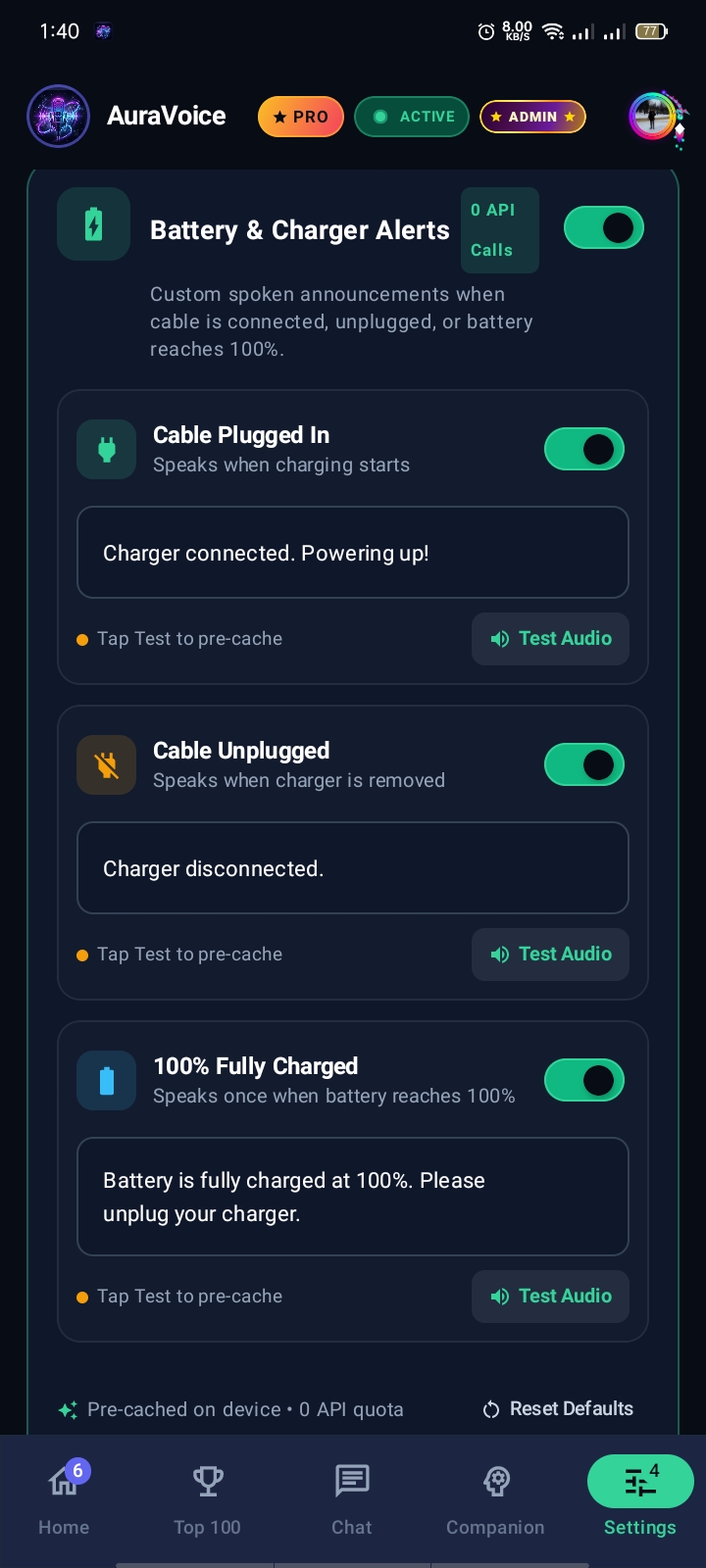 AuraVoice Battery & Charger Alerts: 0-Quota Spoken Announcements for Cable Plug/Unplug/100%